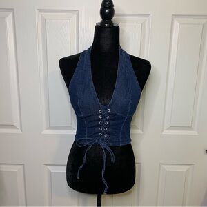 Denim Lace-Up Halter Crop Top